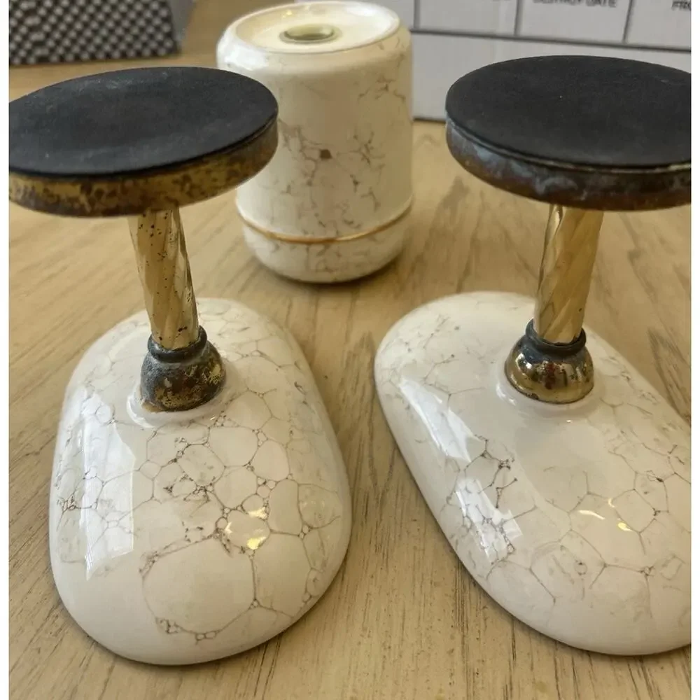 Vtg Brass Pedestal Soap Dish & Holder Porcelain Marbled Regency Decor Set 3